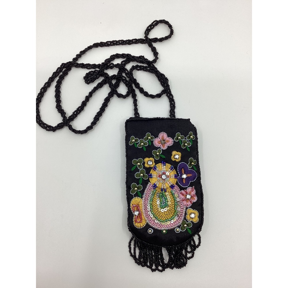 Nuage Hand Beaded Floral Embroidered Crossbody Pouch Black Satin Fringe Bag
